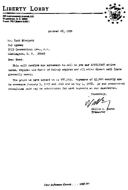 Willis Carto’s Letter to Todd Blodgett