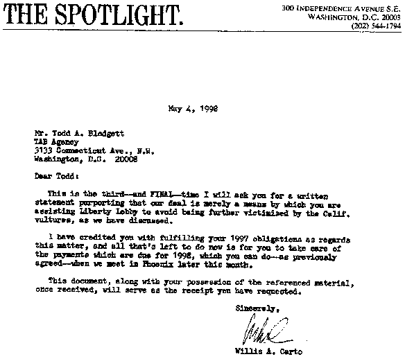 Willis Carto’s Letter to Todd Blodgett