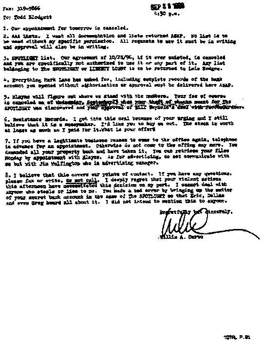 Willis Carto’s Fax to Todd Blodgett